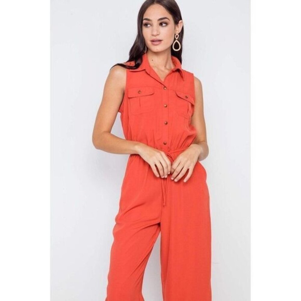 BEBOP Women Sleeveless Jumpsuit Collared Button Top Wide Leg Palazzo Small